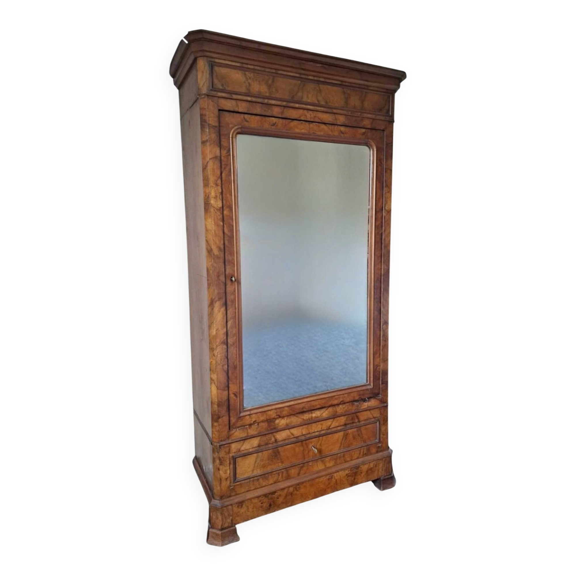 Louis-Philippe wardrobe in burl wood with mirror, 19th century