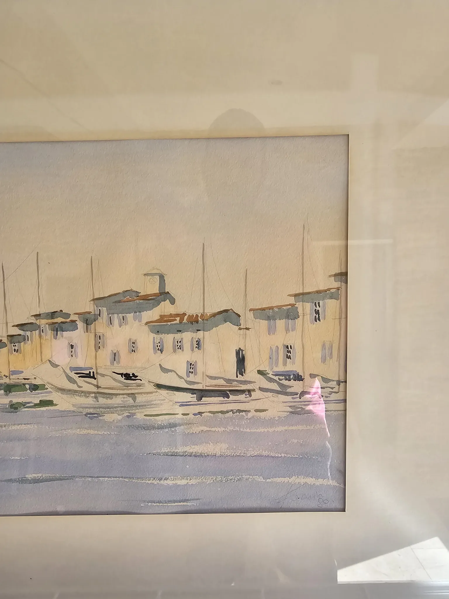 Watercolour painting of the port and boats of Saint-Tropez signed Fulvio.