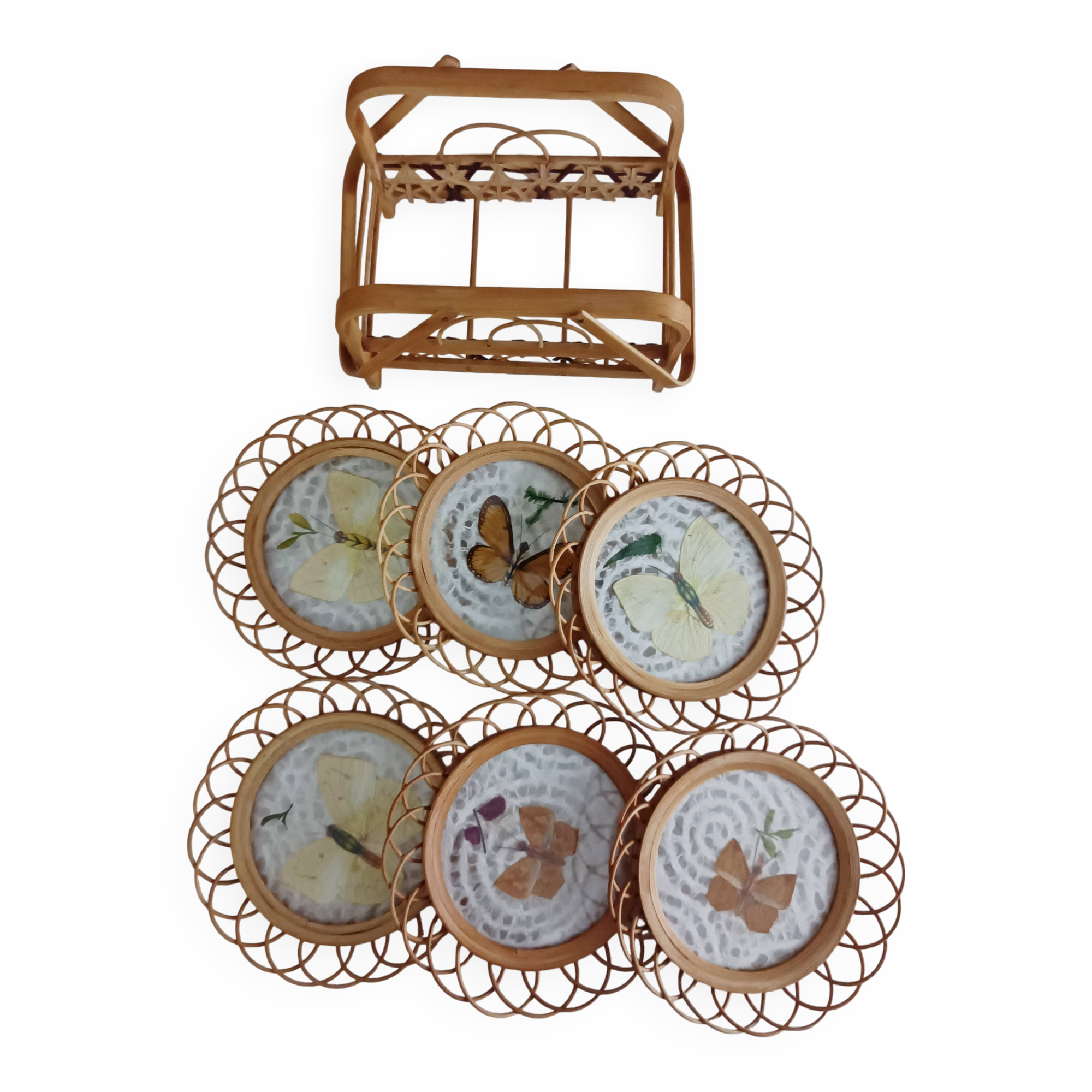 Set of 6 butterfly wicker coasters