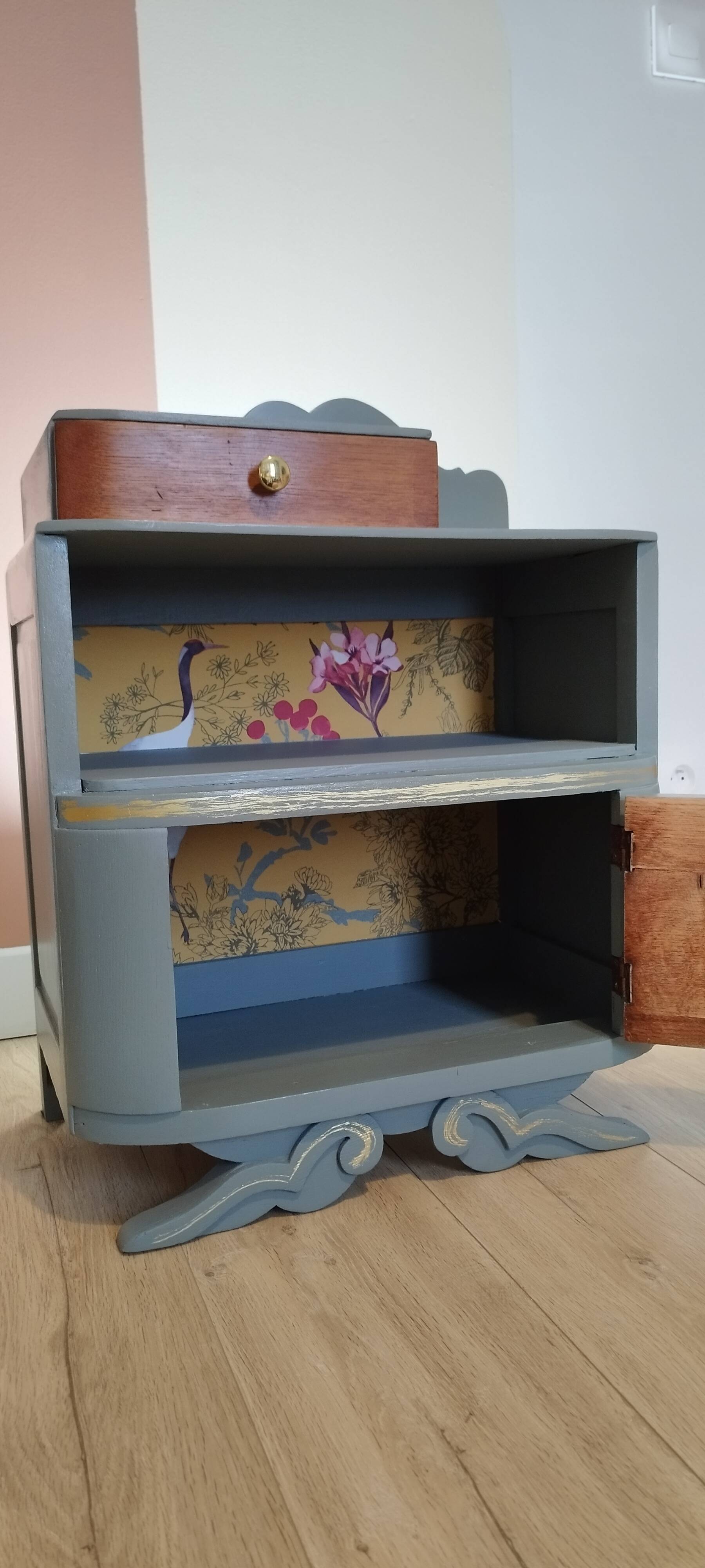 Art deco style bedside table - asymmetrical mustache foot