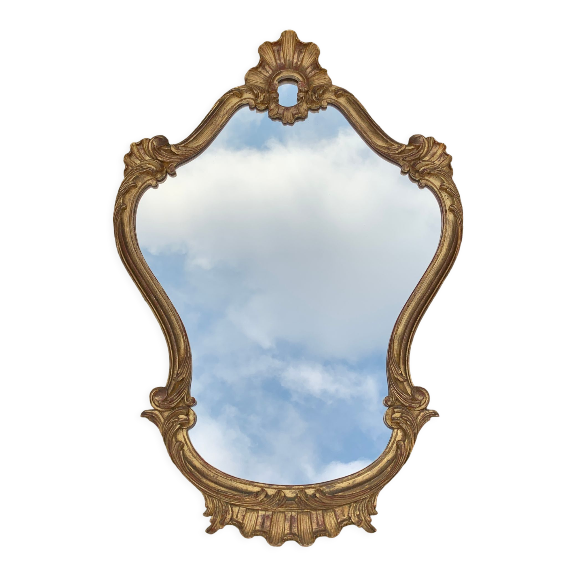 Old mirror in carved wood and gilded leaf, Louis XV rocaille style, twentieth century 59x87cm