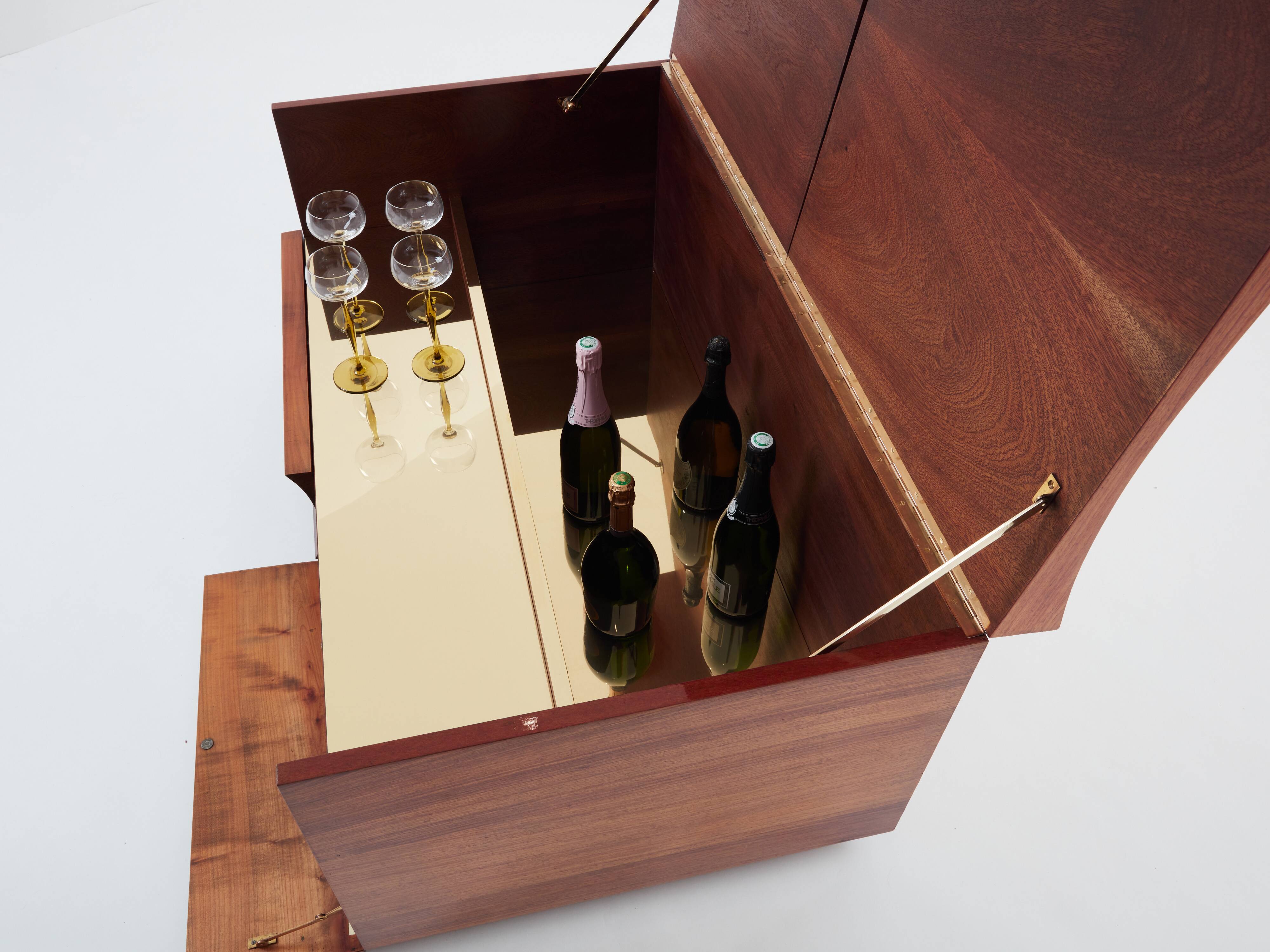 Bar chest in wood and brass marquetry signed Michel Lefèvre 1960