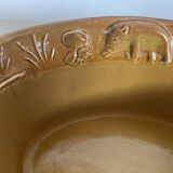 Old Oval Enameled Stoneware Dish with Wild Boar and Mushroom Hunting Motif