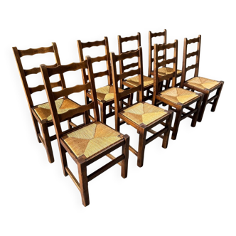 8 chaises en chêne avec assise en paille