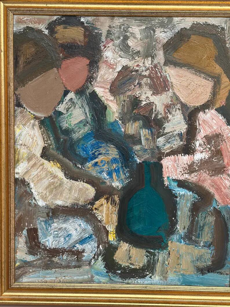 Original Swedish Oil on Canvas – "Family" by Gösta Falck – Signed – Vintage and Framed