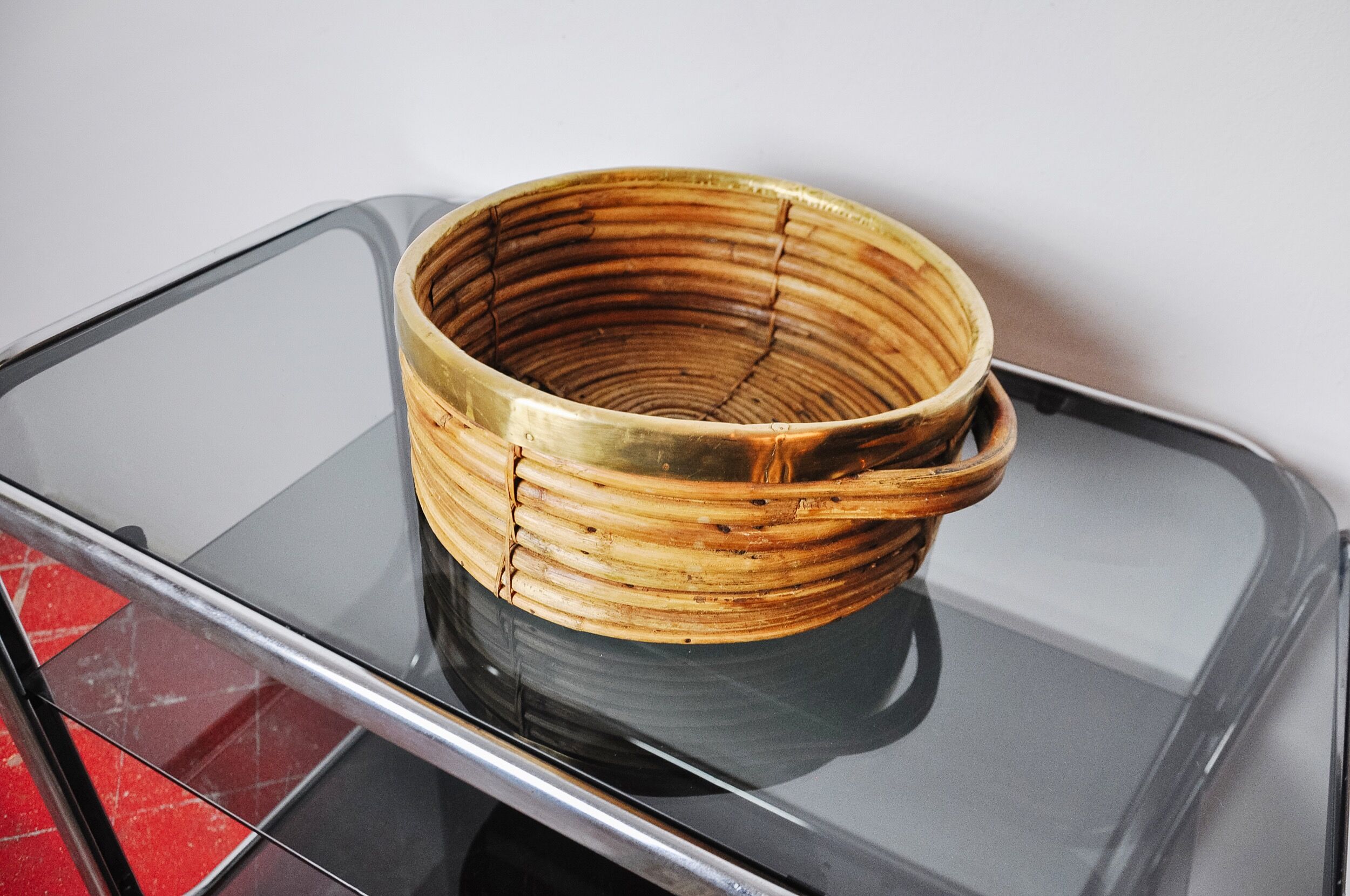 Rattan and brass basket, Italy, 1970