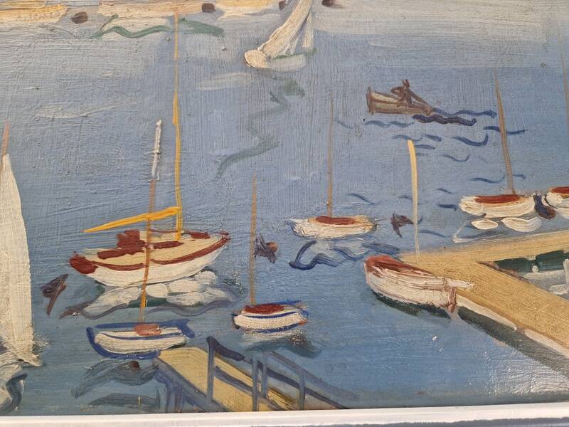 Frank Sloan (1900-1984) - Oil on hardboard - Sailboats near the bridge