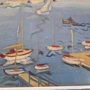 Frank Sloan (1900-1984) - Oil on hardboard - Sailboats near the bridge
