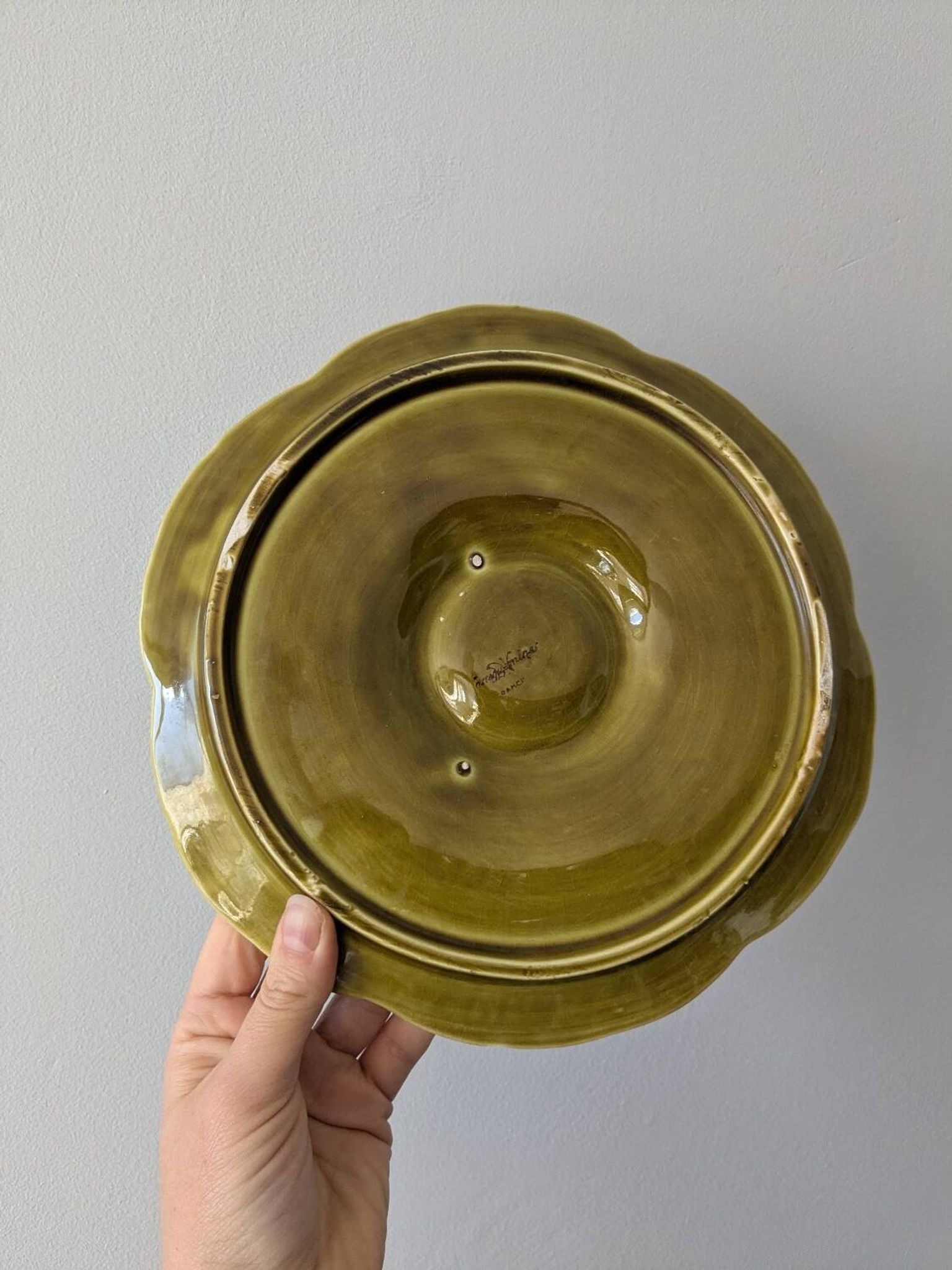 Set of 3 vintage green Sarreguemines majolica oyster plates.