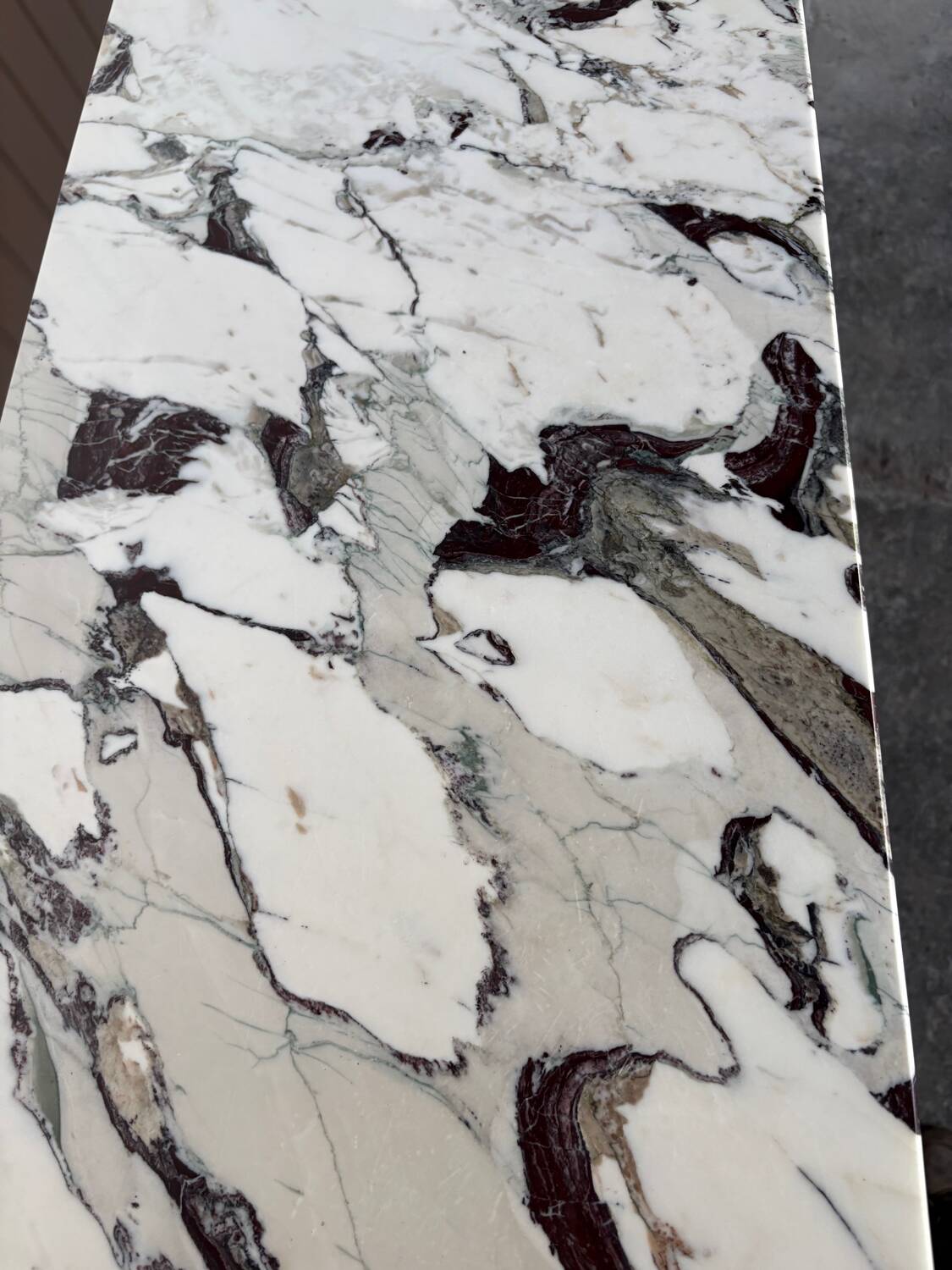 Large console in Calacatta Viola marble & solid cherry wood.