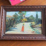 Petite huile sur panneau paysage et femme ancien