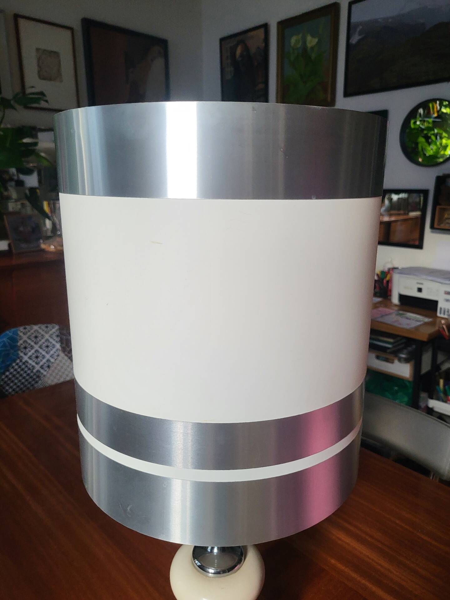 Large Vintage 1970 Space Age Chrome & Wood Lamp