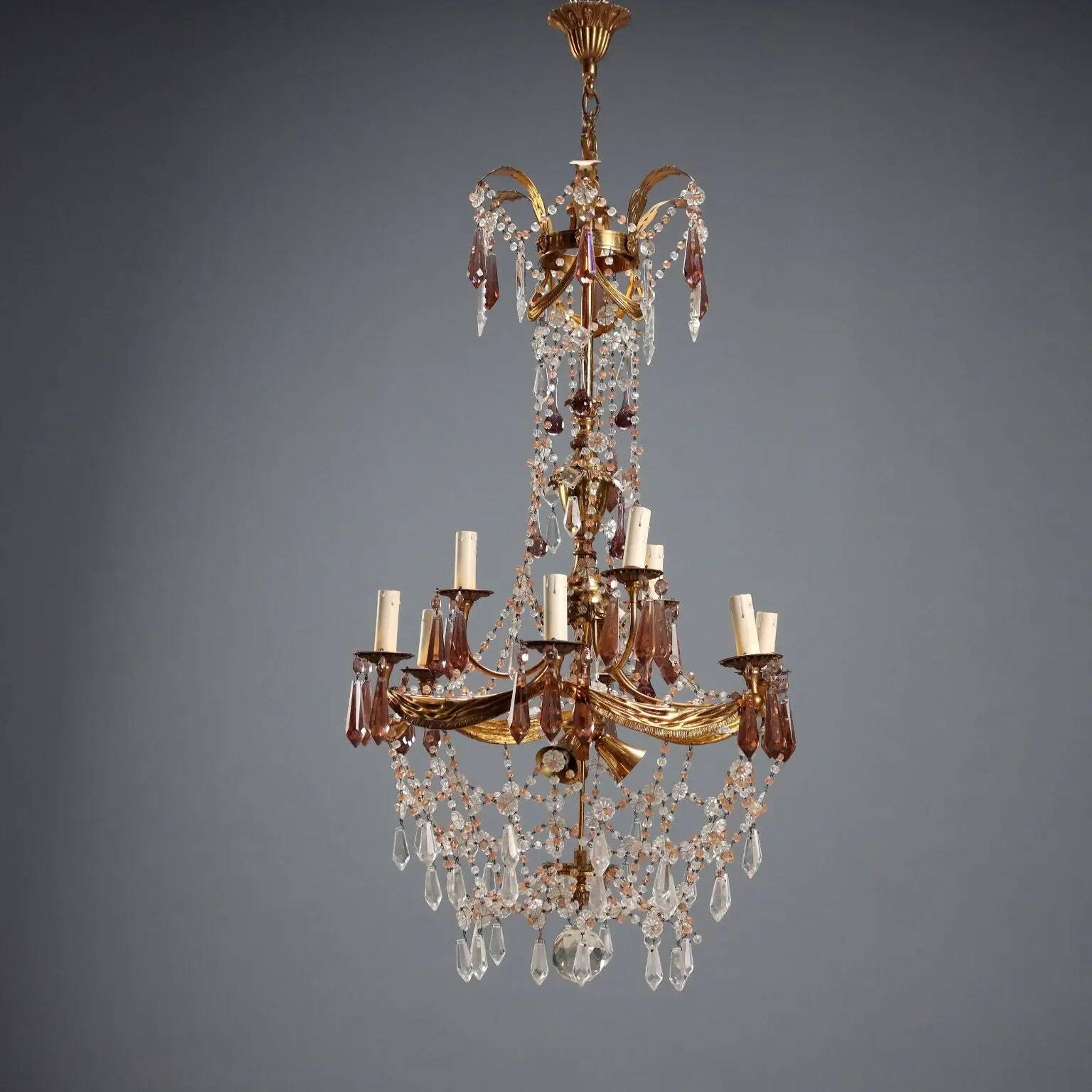 Antique bronze and crystal chandelier with 12 lights, Italy, 20th century.