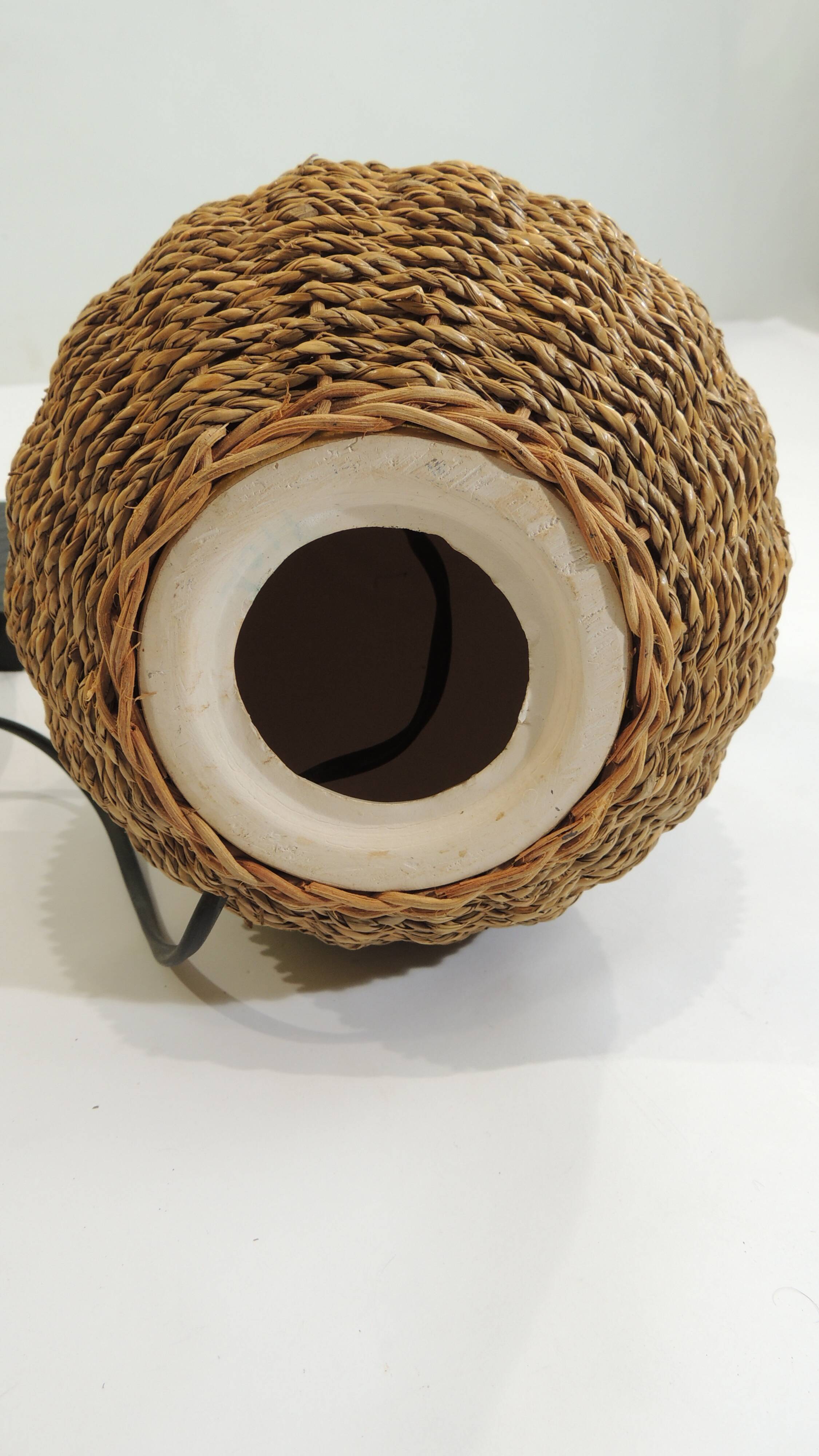 Vintage wicker and ceramic lamp – 1970s – Natural bohemian lamp