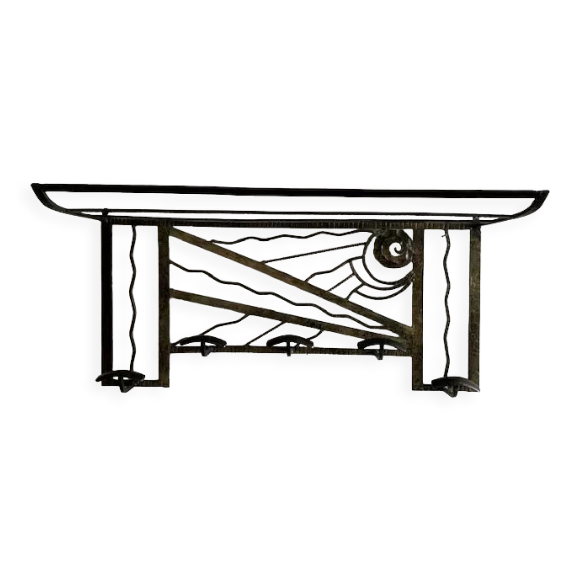 Art Deco wall coat rack in wrought iron bronze 1930