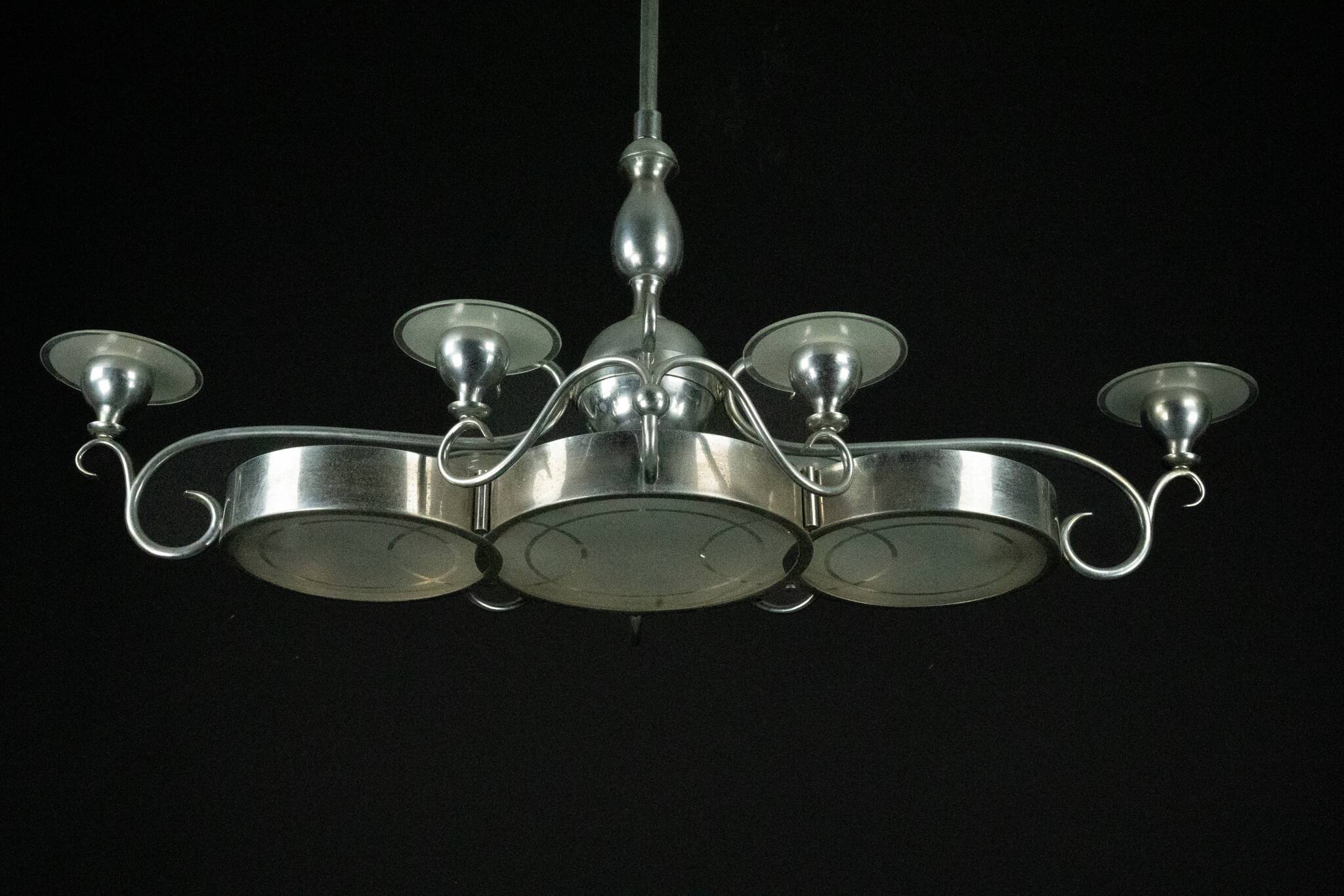 Art Deco Italian Chandelier in Nickel Brass and Frosted Glass, 1930s