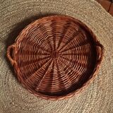 Large round dark wicker tray with two handles
