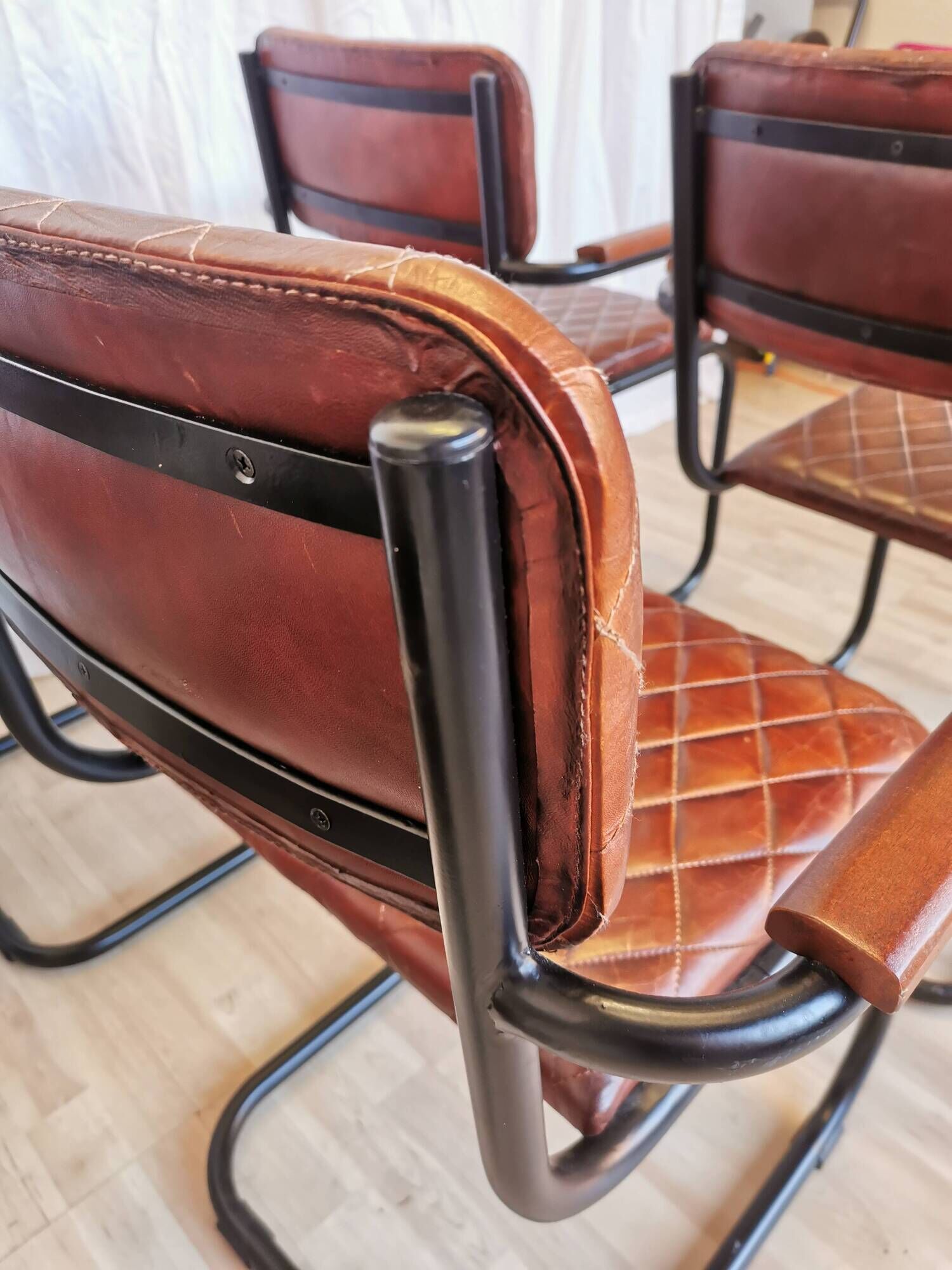 Set of 6 Vintage Cognac Leather Dining Chairs: Quilted Industrial Armchair
