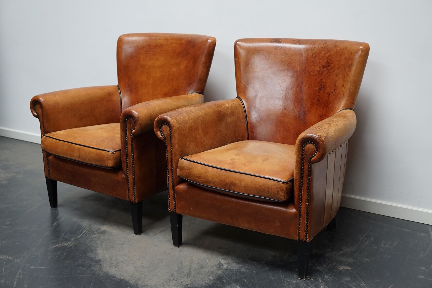 Fauteuil club en cuir vintage hollandais de couleur cognac, ensemble de 2