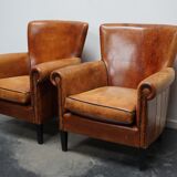 Fauteuil club en cuir vintage hollandais de couleur cognac, ensemble de 2