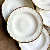 6 assiettes creuses en porcelaine de Limoges blanche et dorée