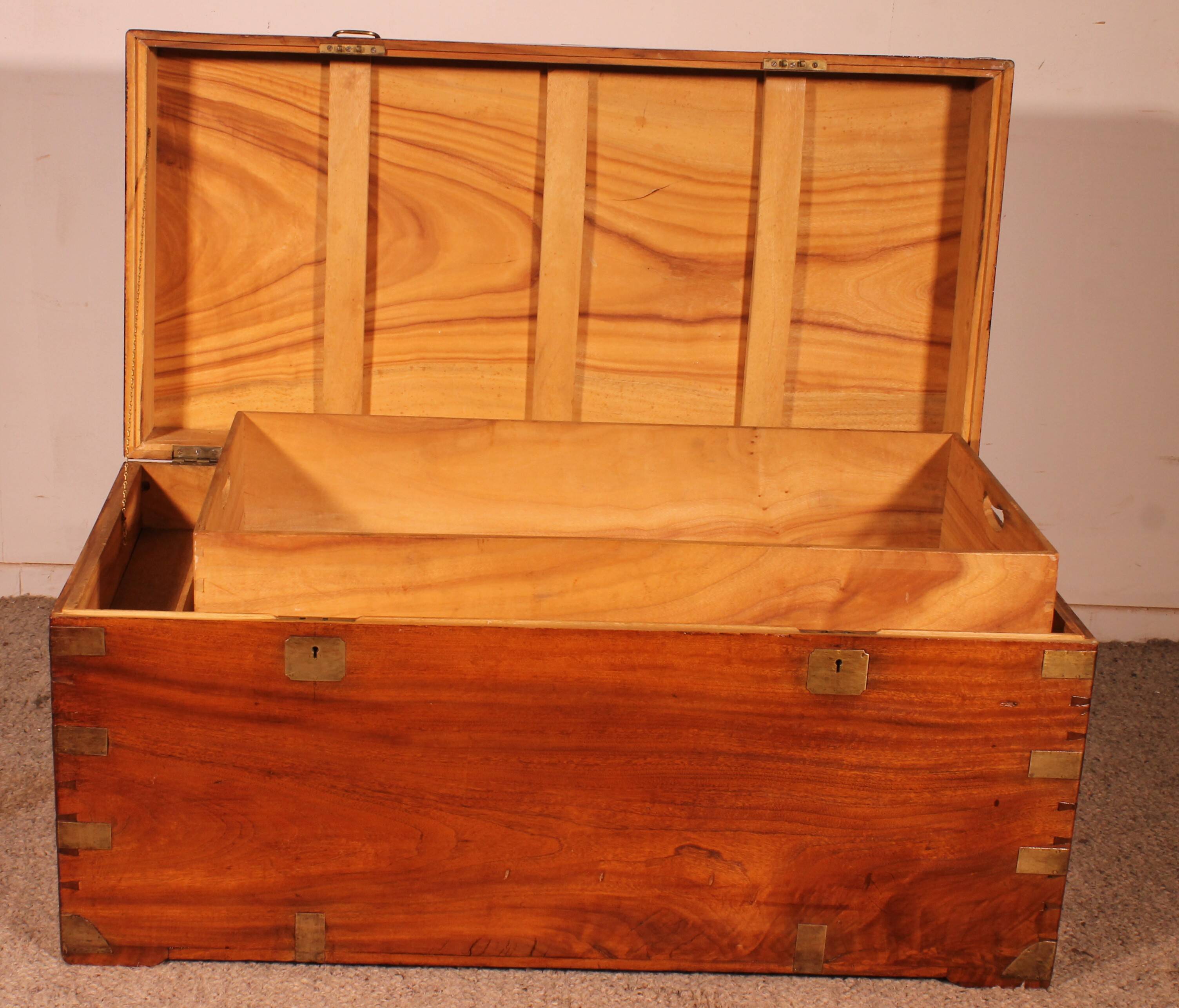 19th-century camphor wood marine chest with double locks and tray in