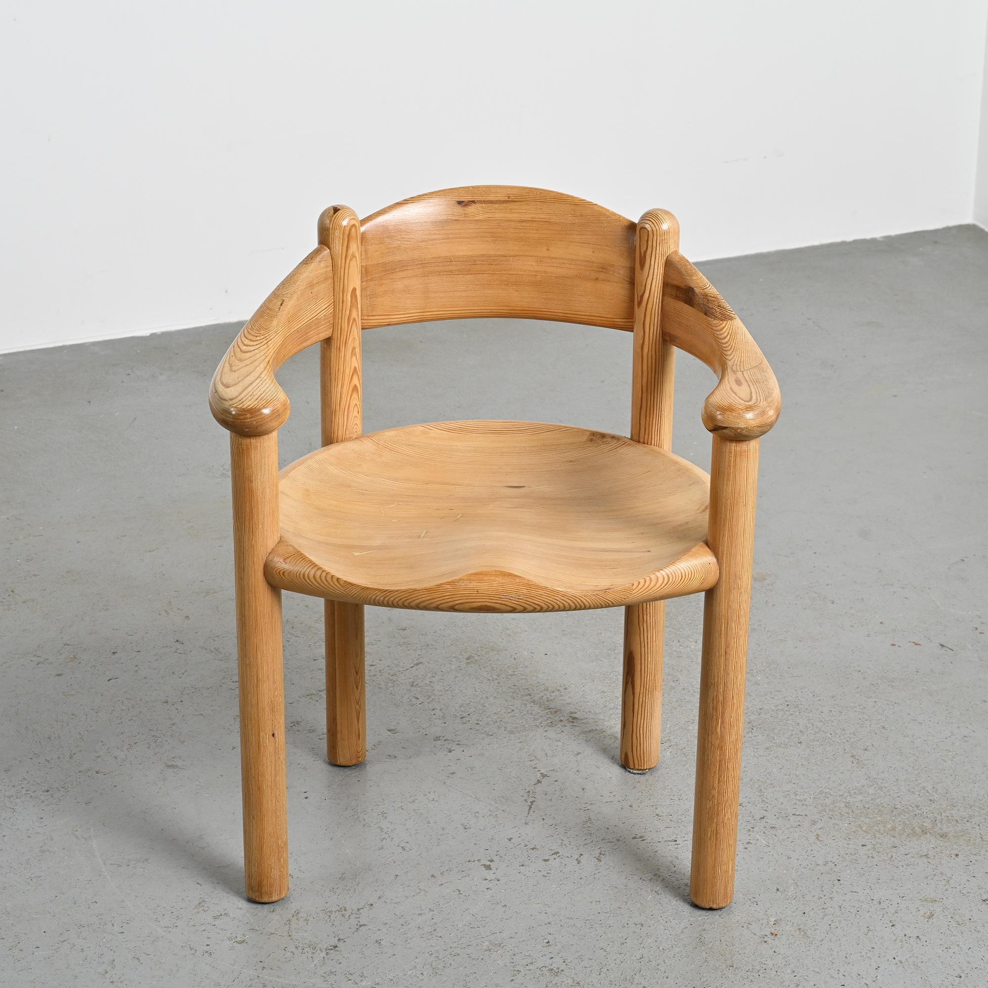 Set of 6 solid pine chairs by Rainer Daumiller, Denmark, circa 1970.
