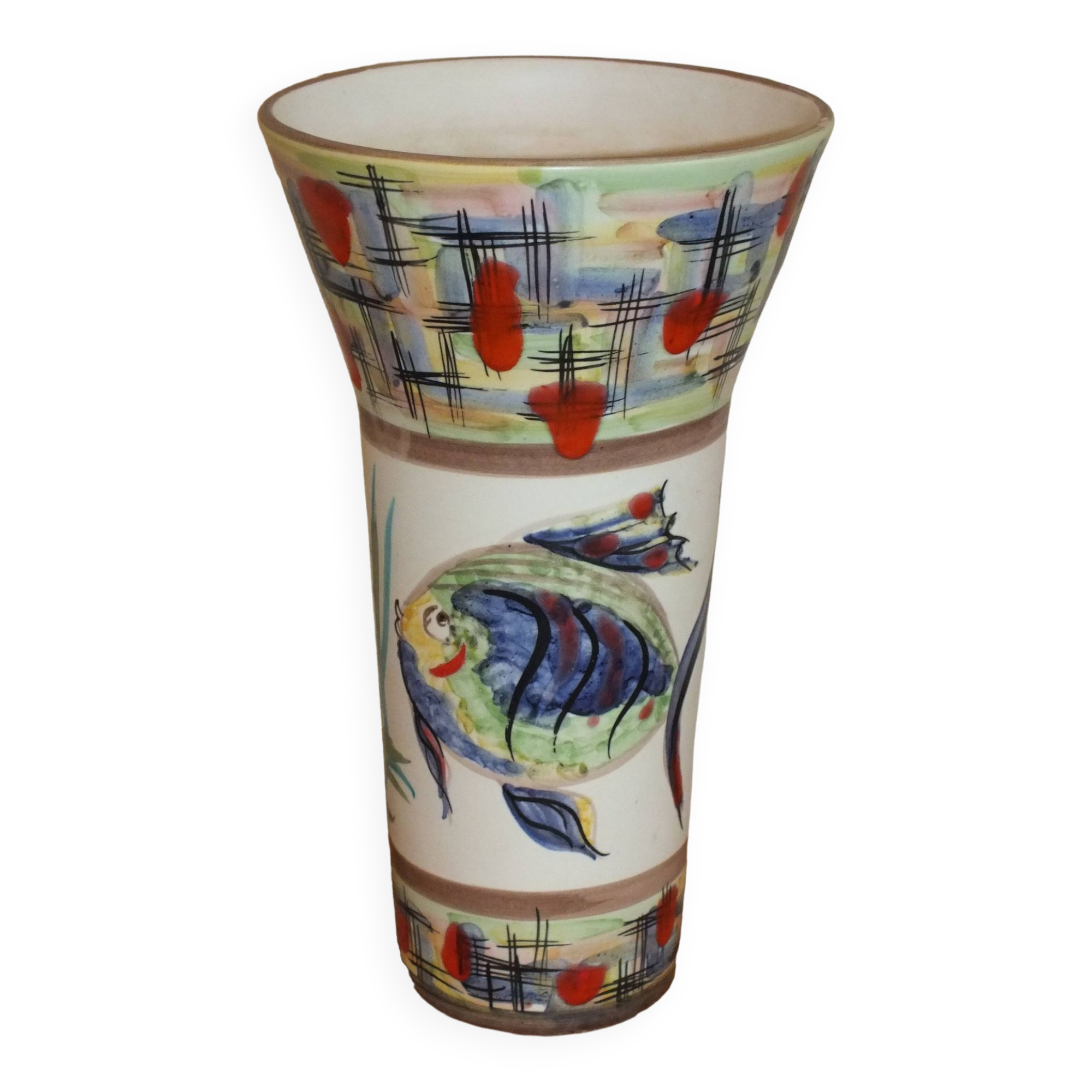 60s enamelled cone vase with fish decor, Vallauris signed Mj