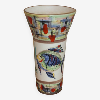 vase cornet émaillé années 60 décor poisson, Vallauris signé Mj