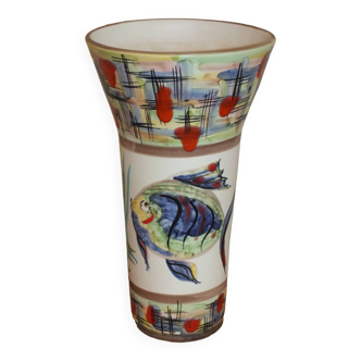 60s enamelled cone vase with fish decor, Vallauris signed Mj