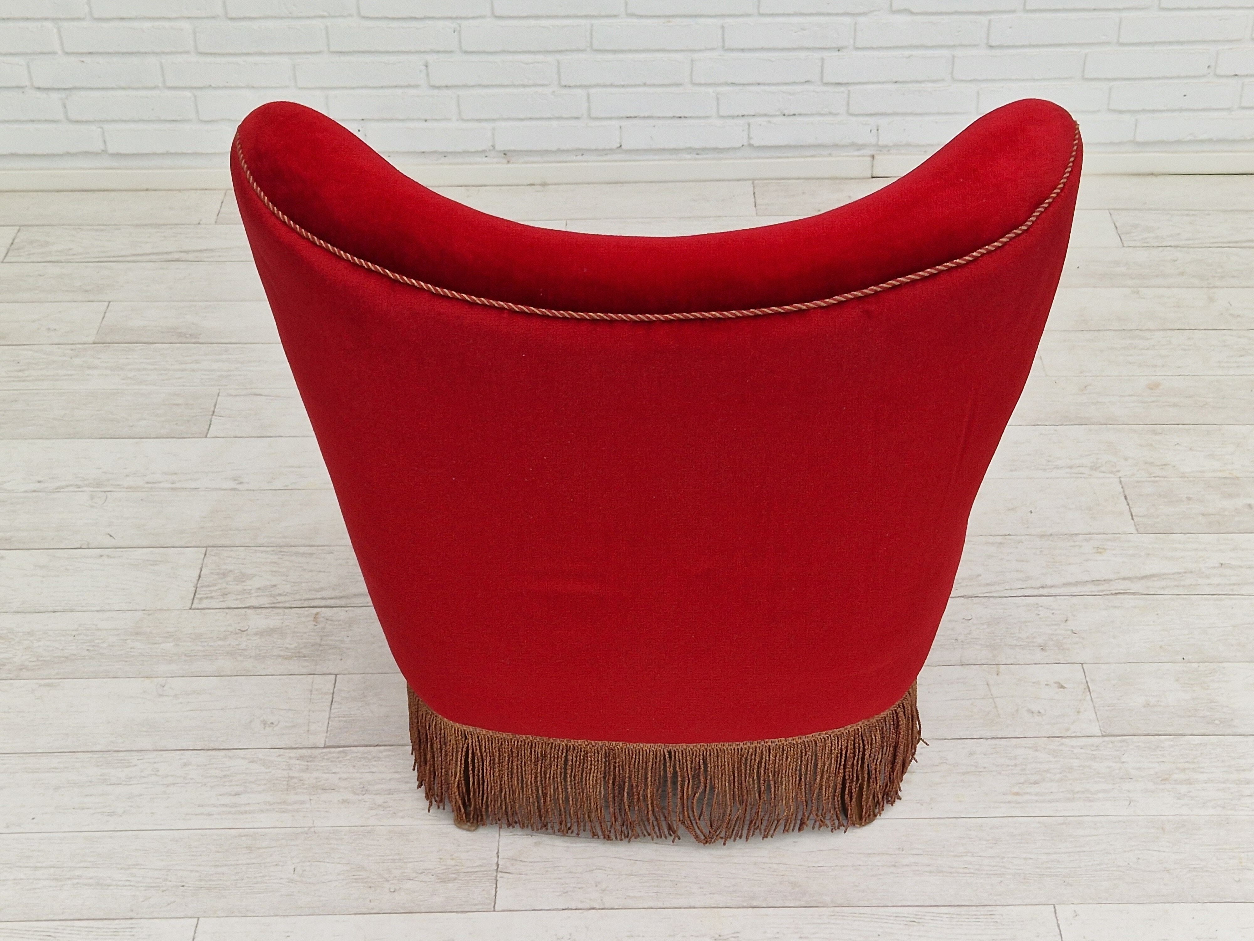 1960s, danish high back vintage armchair in cherry-red velour