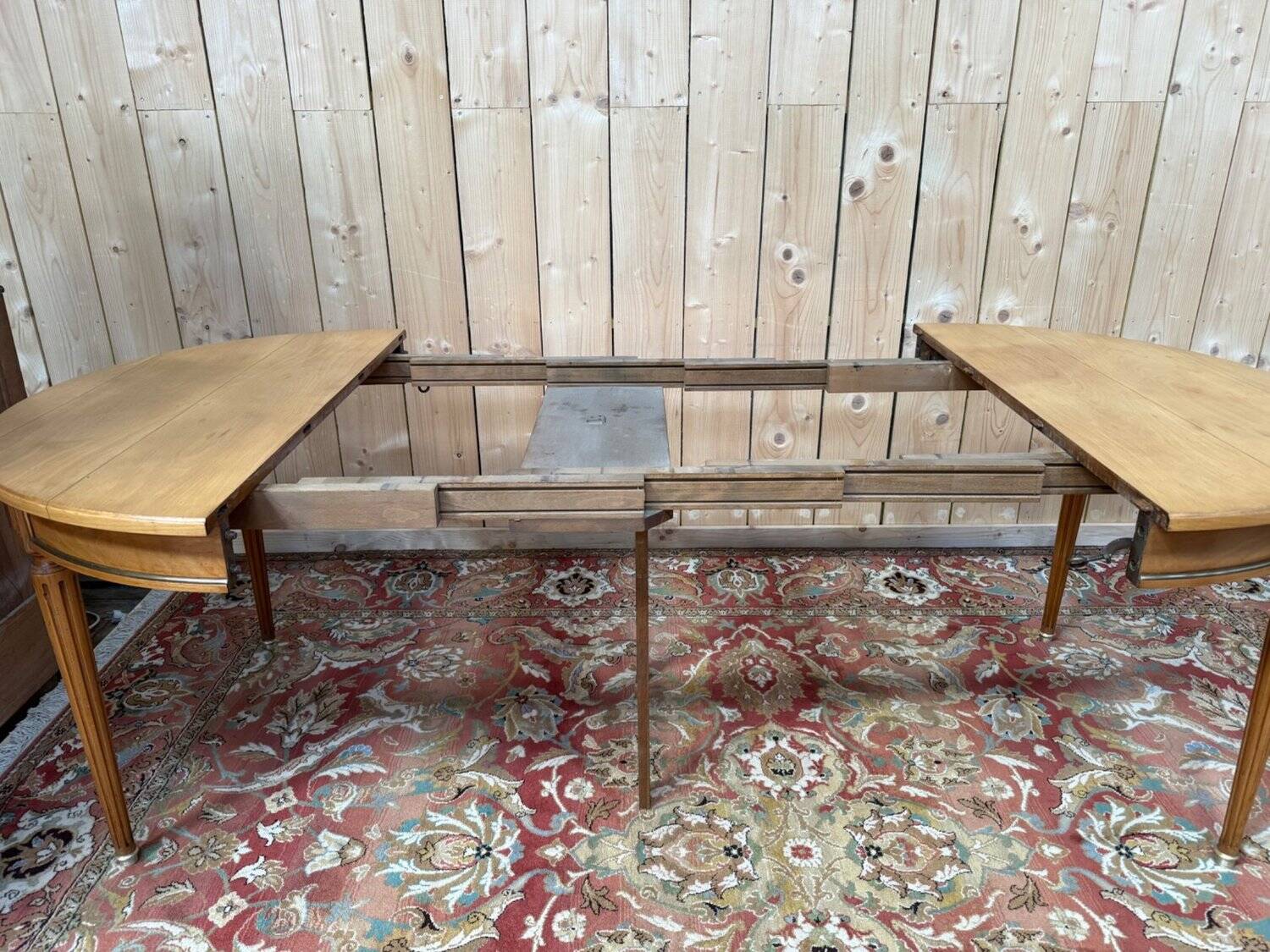 Extendable round table Louis XVI style solid cherry wood brass feet