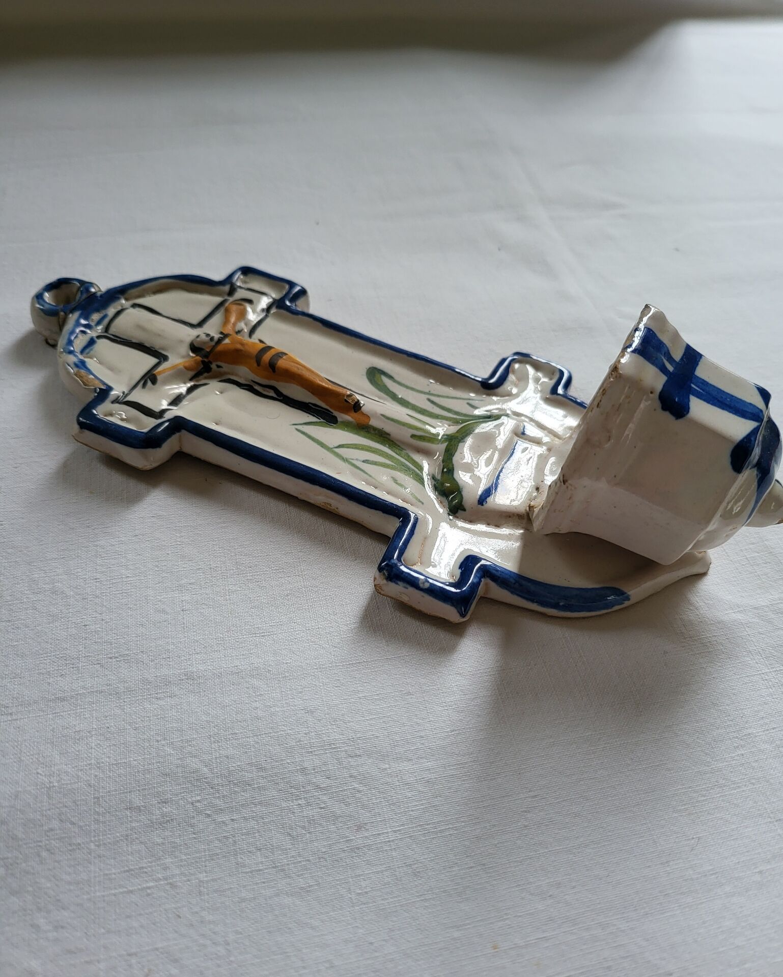 Old Faience Baptismal Font Enamelled Cross
