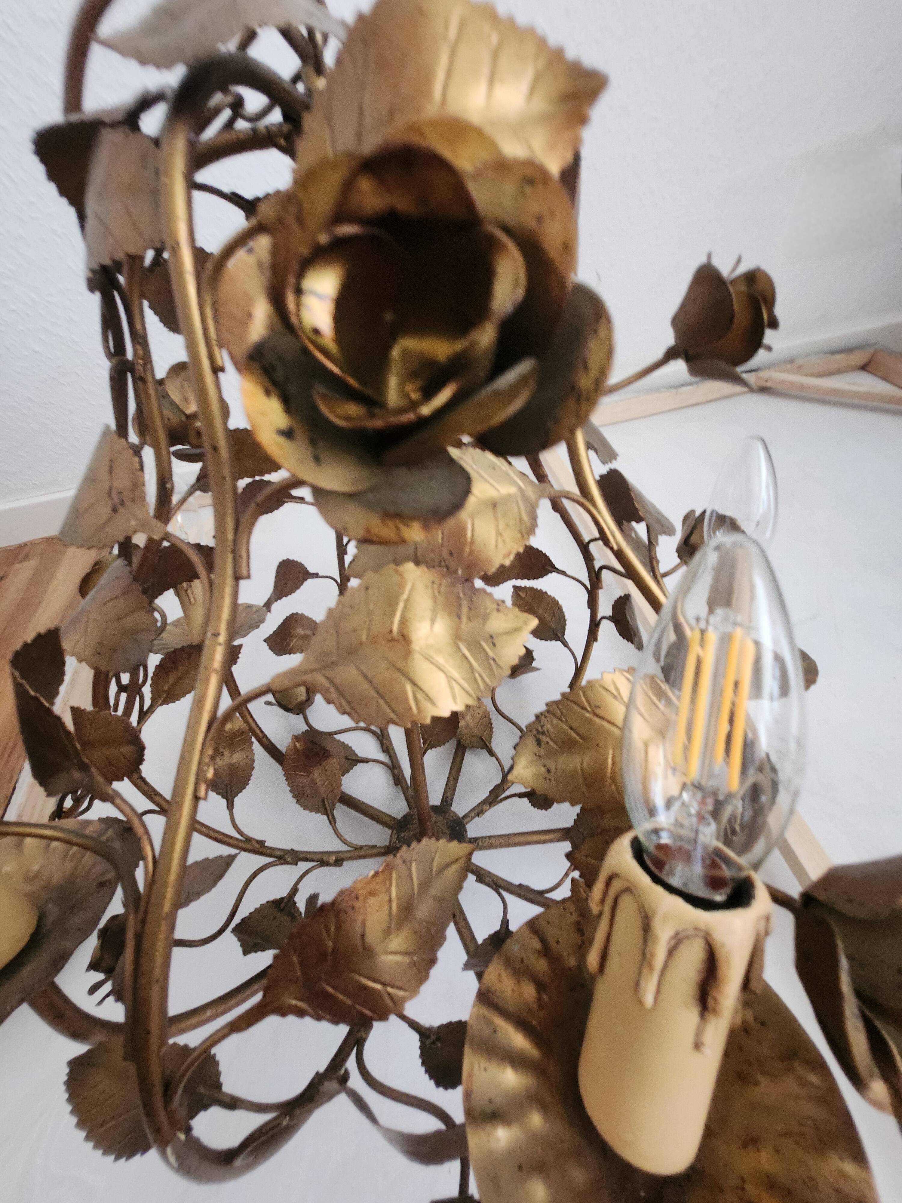 Chandelier hand-forged Hollywood Regency rose leaf decorations