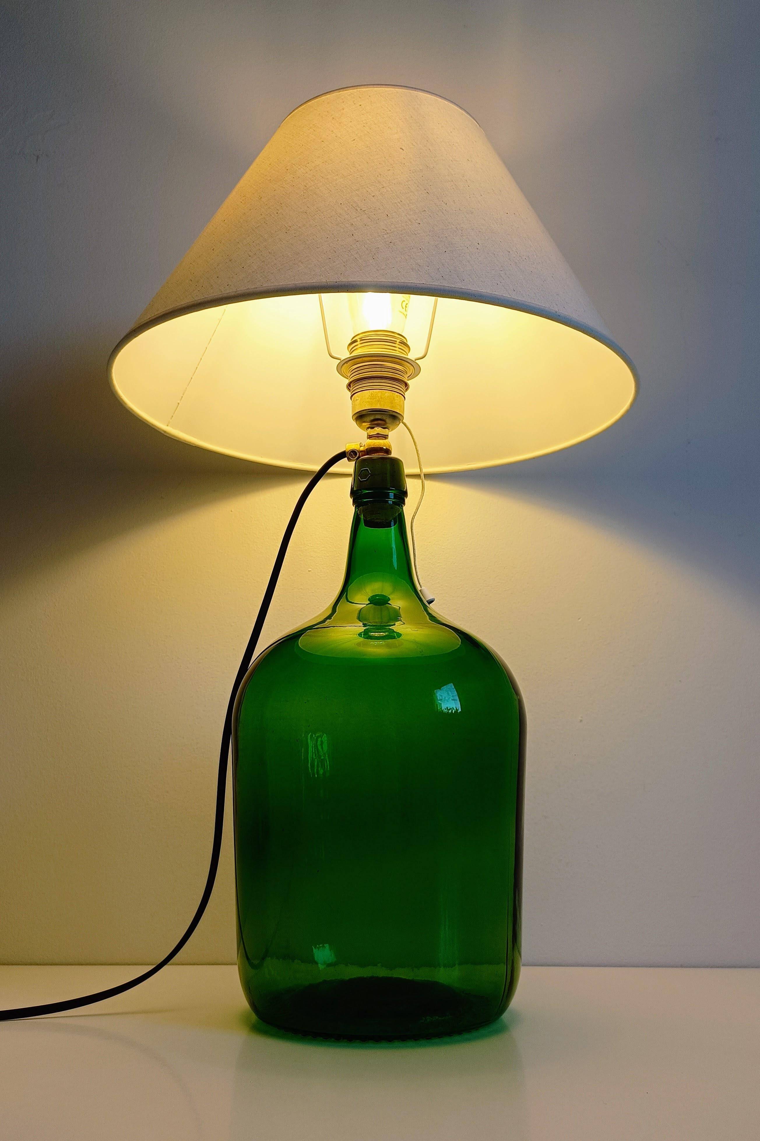 Mid-Century Green Glass Demijohn Table Lamp, Brass Fittings, Contemporary Shade