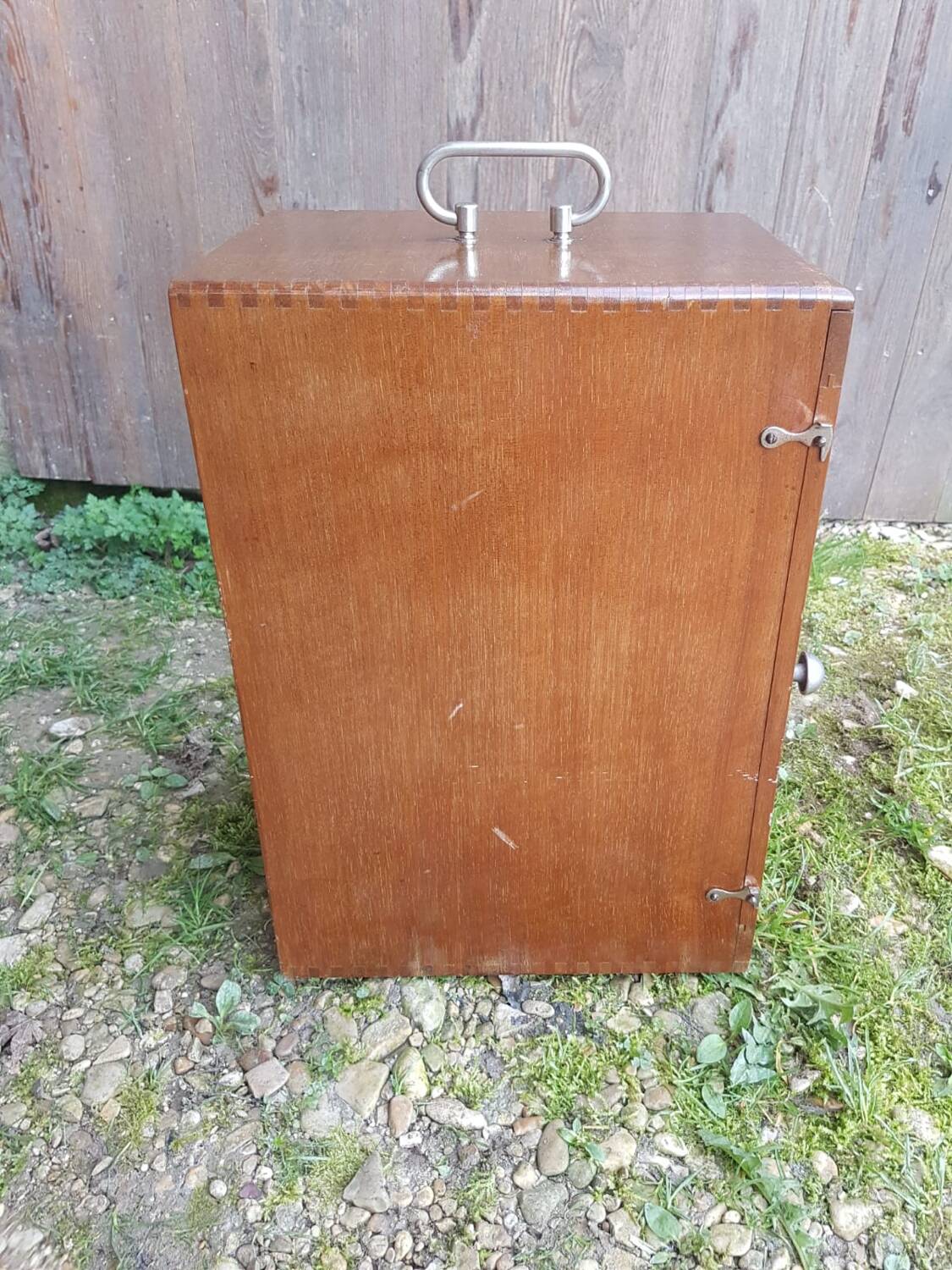 Old wooden transport trunk vintage jouan material #a653
