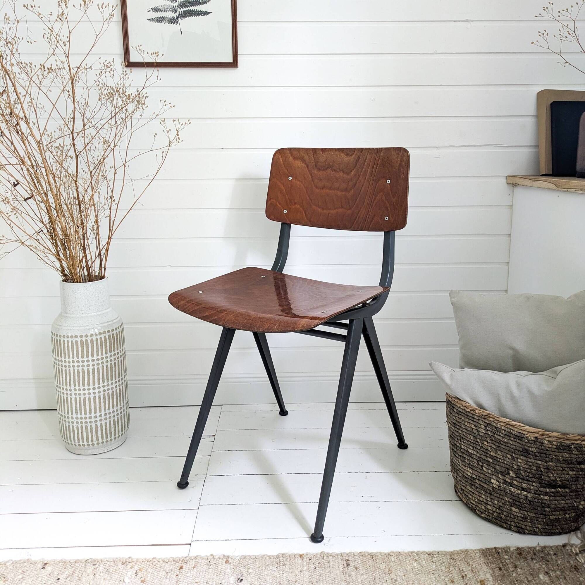 Chaise vintage Mid-Century bois et métal brun gris style danois scandinave