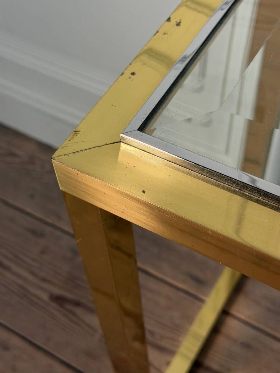 Golden and chrome metal console, bevelled glass, circa 1980.