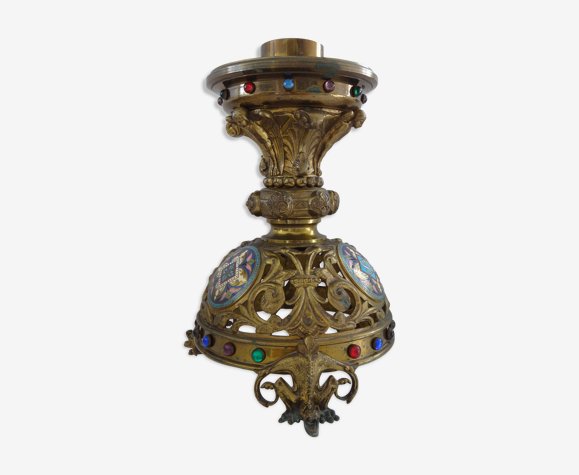 Bougeoir chandelier autel bougeoir bronze émaux 36cm eglise XIX