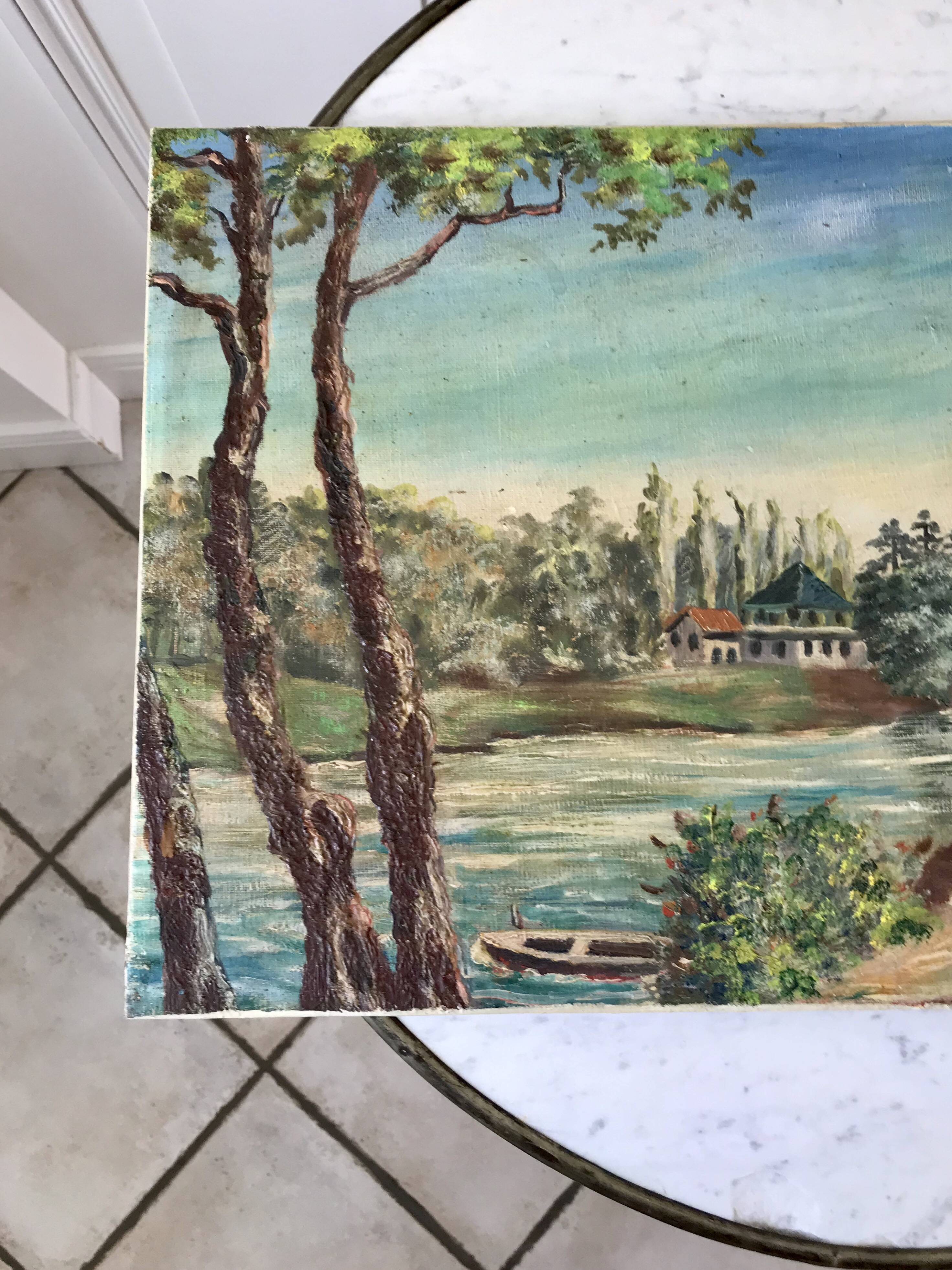 Oil painting on canvas landscape river bellerive bridge signed "morand" vinage