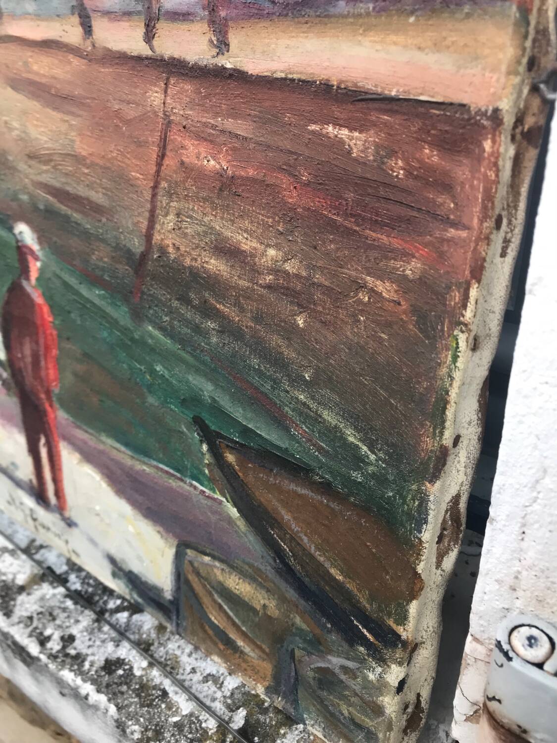 Large old marine oil painting - Sailboats in port.