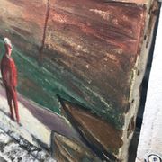 Large old marine oil painting - Sailboats in port.