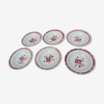 Set de. 6 assiettes creuses art déco fleurs rouge badonviller