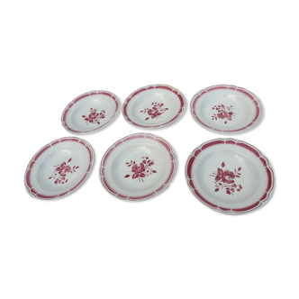 Set de. 6 assiettes creuses art déco fleurs rouge badonviller