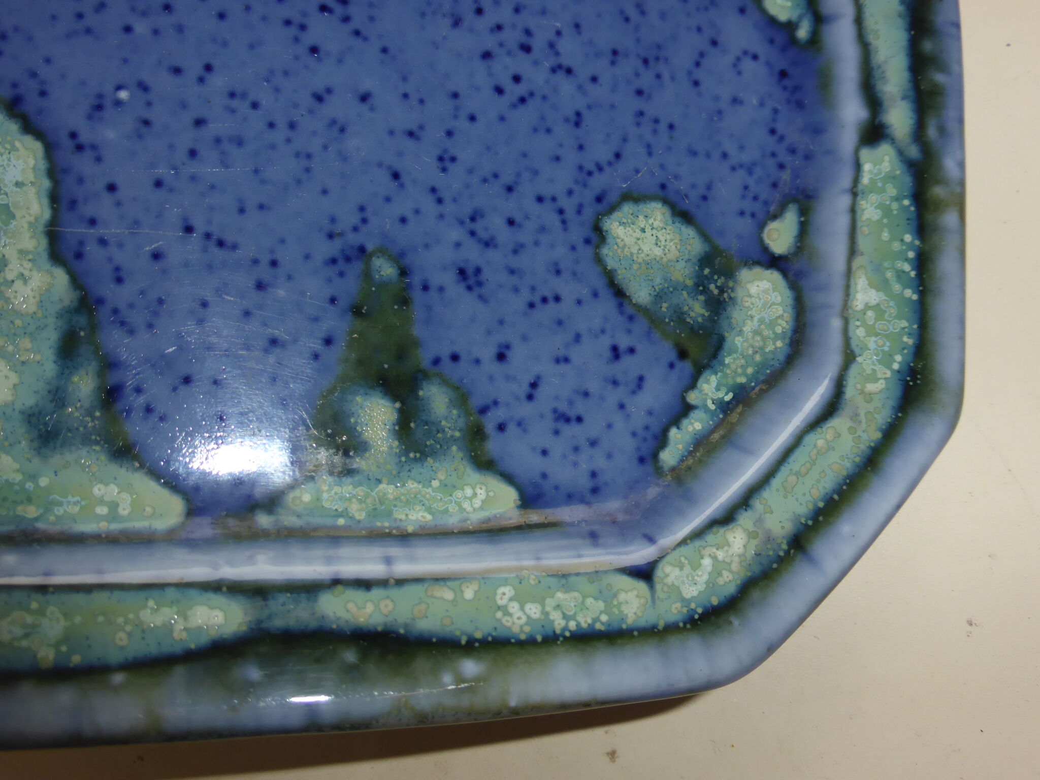 Octagonal top signed Denbac ceramic blue green