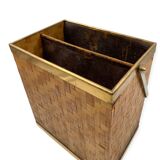 Hollywood regency brass and woven bamboo magazine rack, Metal Linea Nova Italy 1970