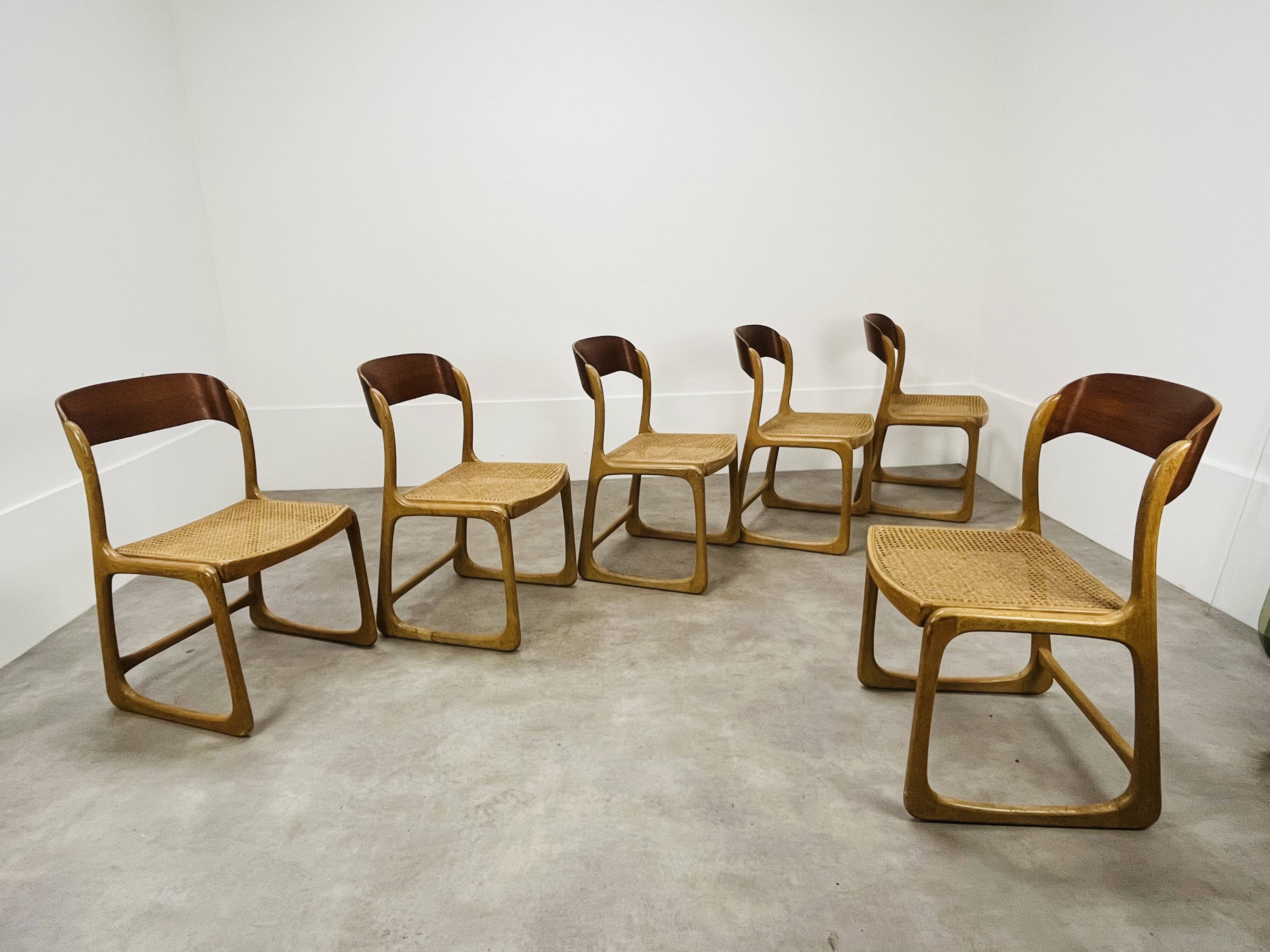 6 Baumann Bémol sled chairs in cane