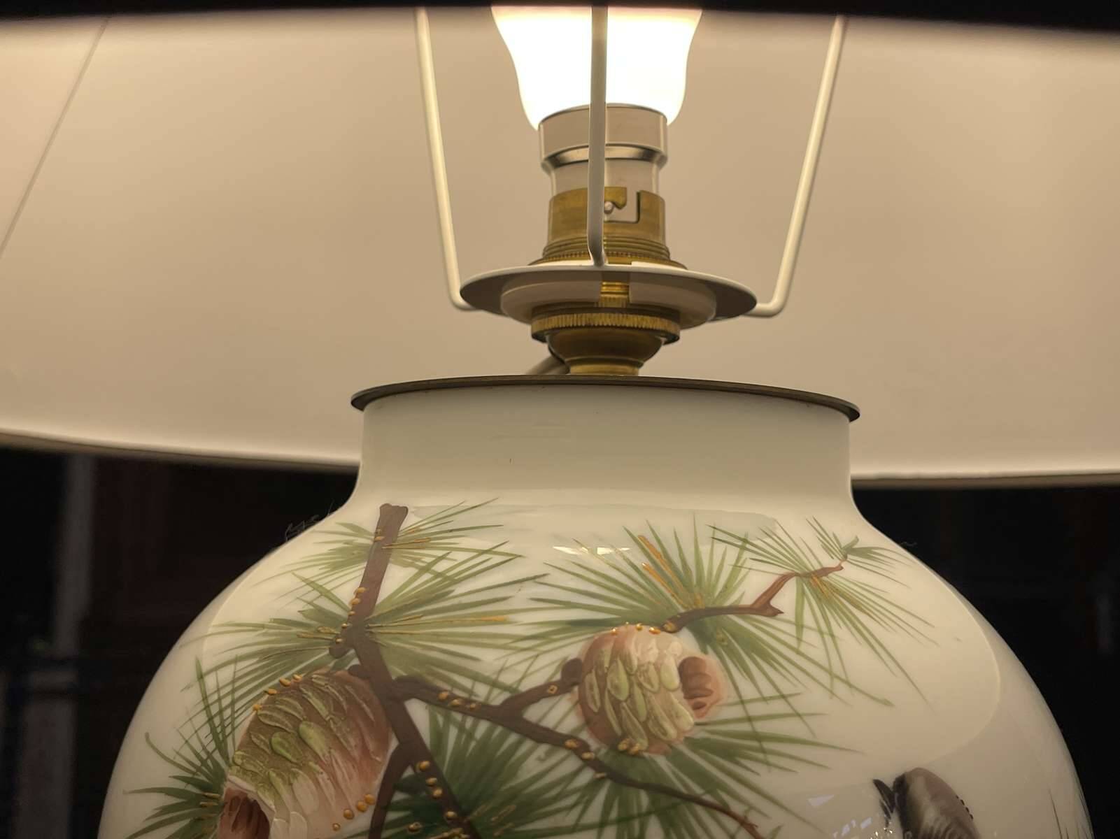 Napoleon III lamp in white opaline glass with bird decoration from the late 19th century