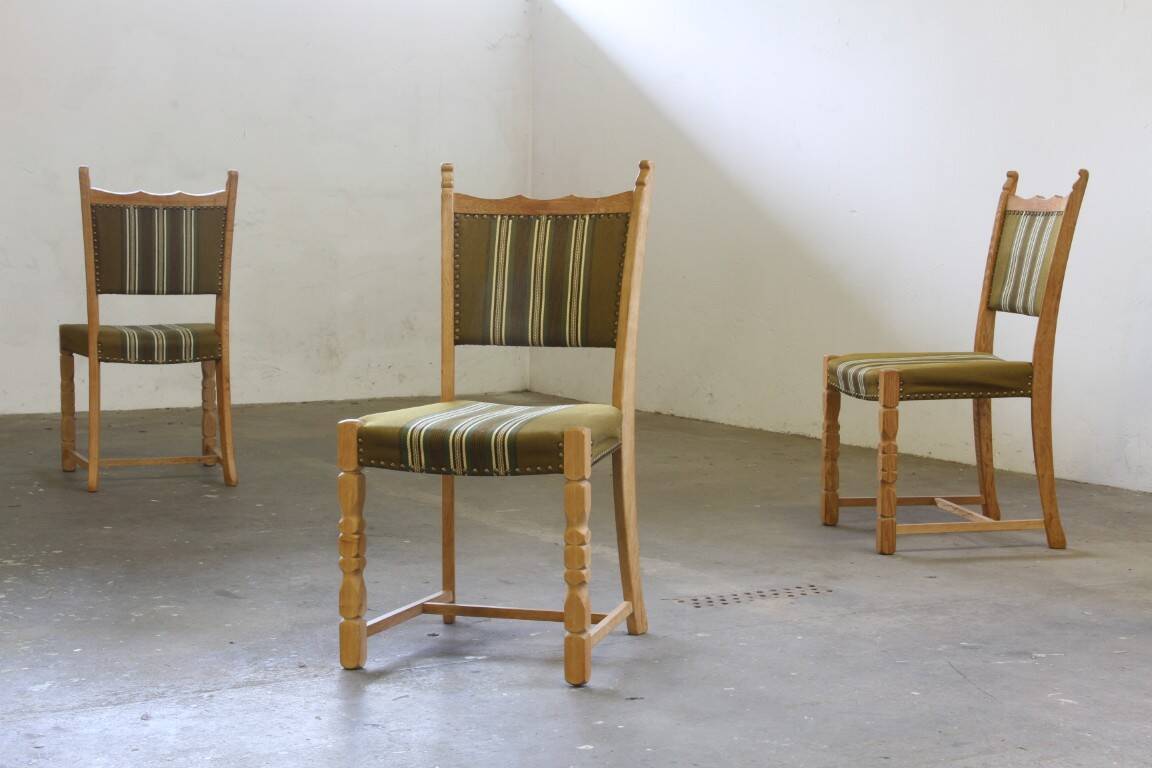 Vintage 1960s, brutalist Danish modern oak dining chairs by Henning Kjærnulf