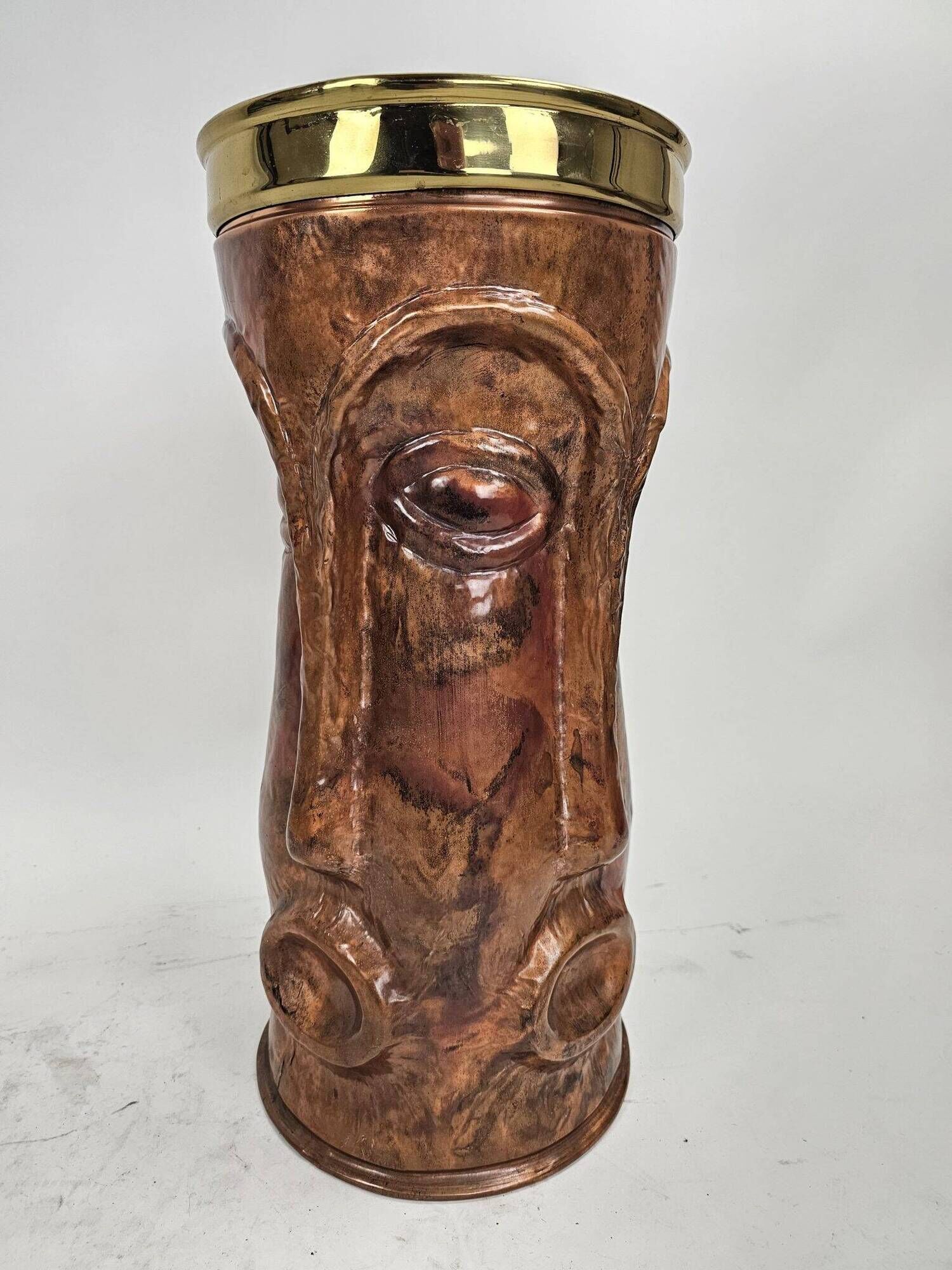 Sculptural copper umbrella stand with tribal faces, 1970s